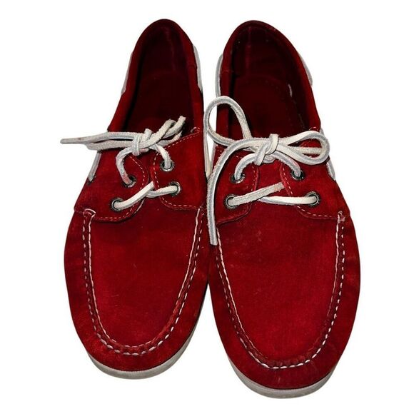 Vintage L.L. Bean Womens 9.5 Red Leather Topsider Boat Shoes White Rubber Soles - Picture 2 of 8